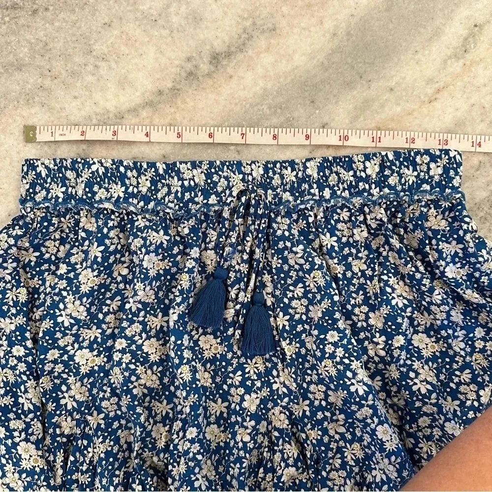 Aakaa Blue Ruffled White Floral Mini Skirt Drawstring Tassels Size Small